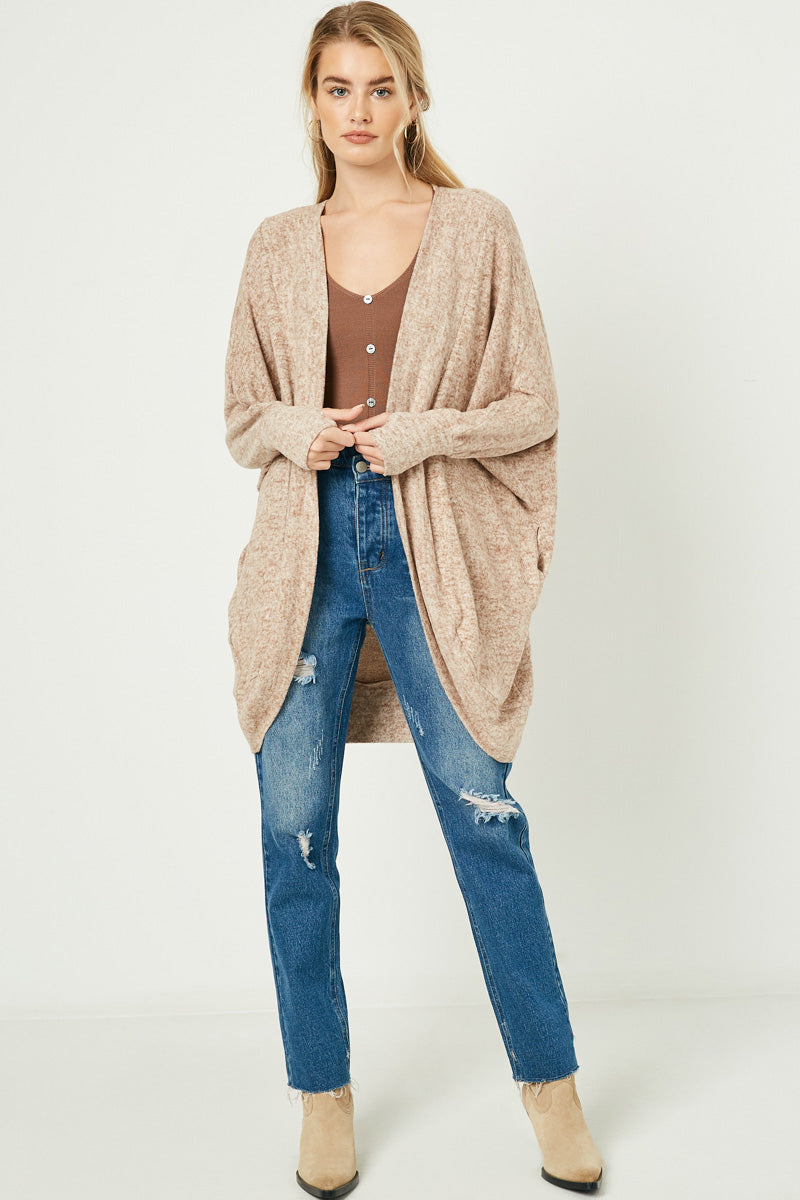 Autumn Oversized Cozy Brown Open Cardigan Cover with Dolman Sleeves S-L