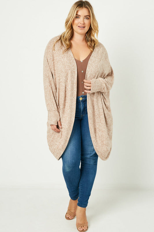 Autumn Plus Oversized Cozy Brown Open Cardigan Cover with Dolman Sleeves 1XL-3XL