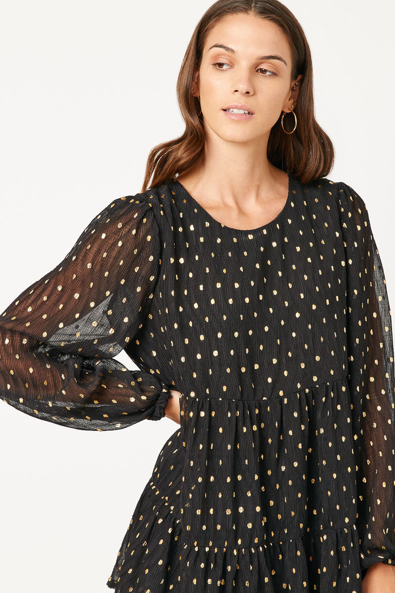Goldie Misses Black Gold Metallic Dot Baby Tiered Tunic Top S-L