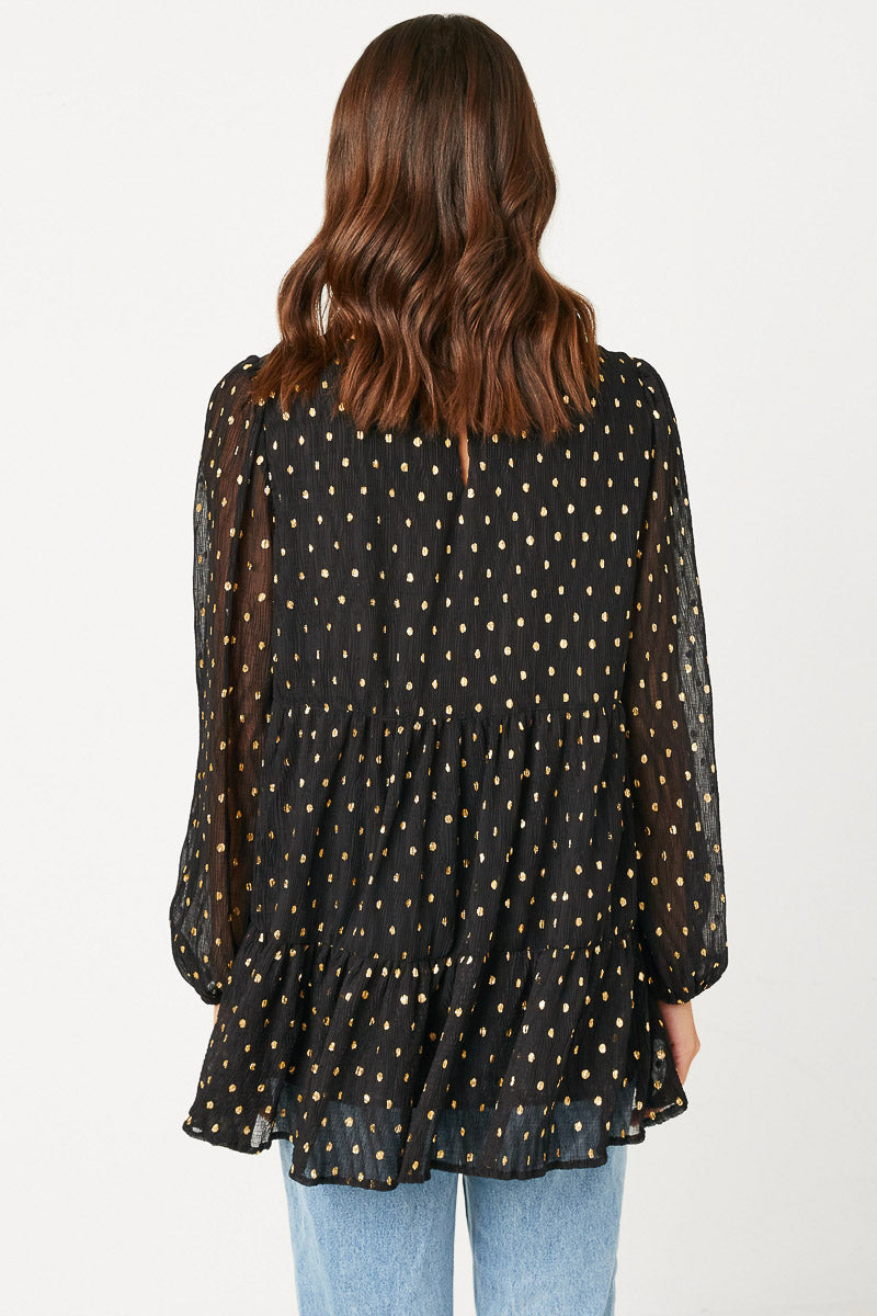 Goldie Misses Black Gold Metallic Dot Baby Tiered Tunic Top S-L