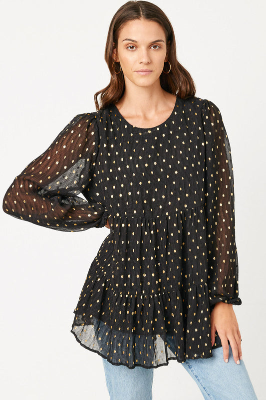 Goldie Misses Black Gold Metallic Dot Baby Tiered Tunic Top S-L