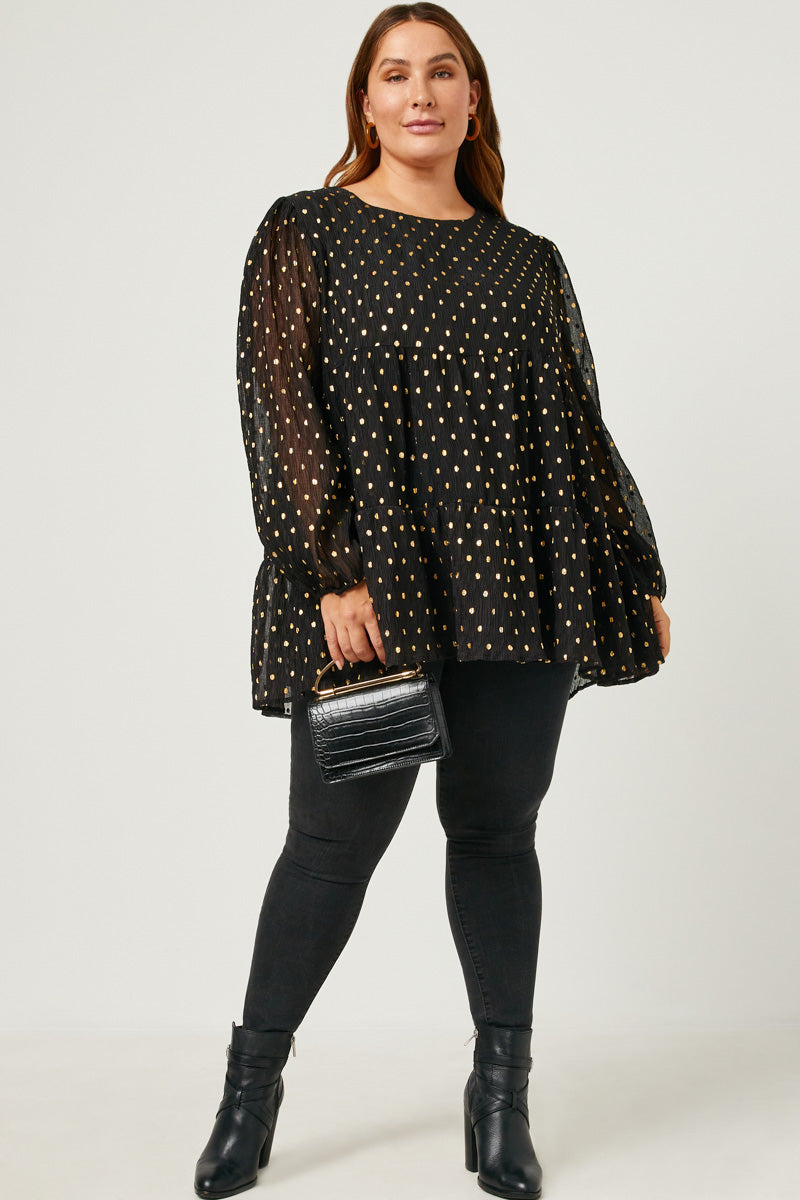 Goldie Black Babydoll Metallic Dot Tiered Tunic Top Plus 1XL-3XL