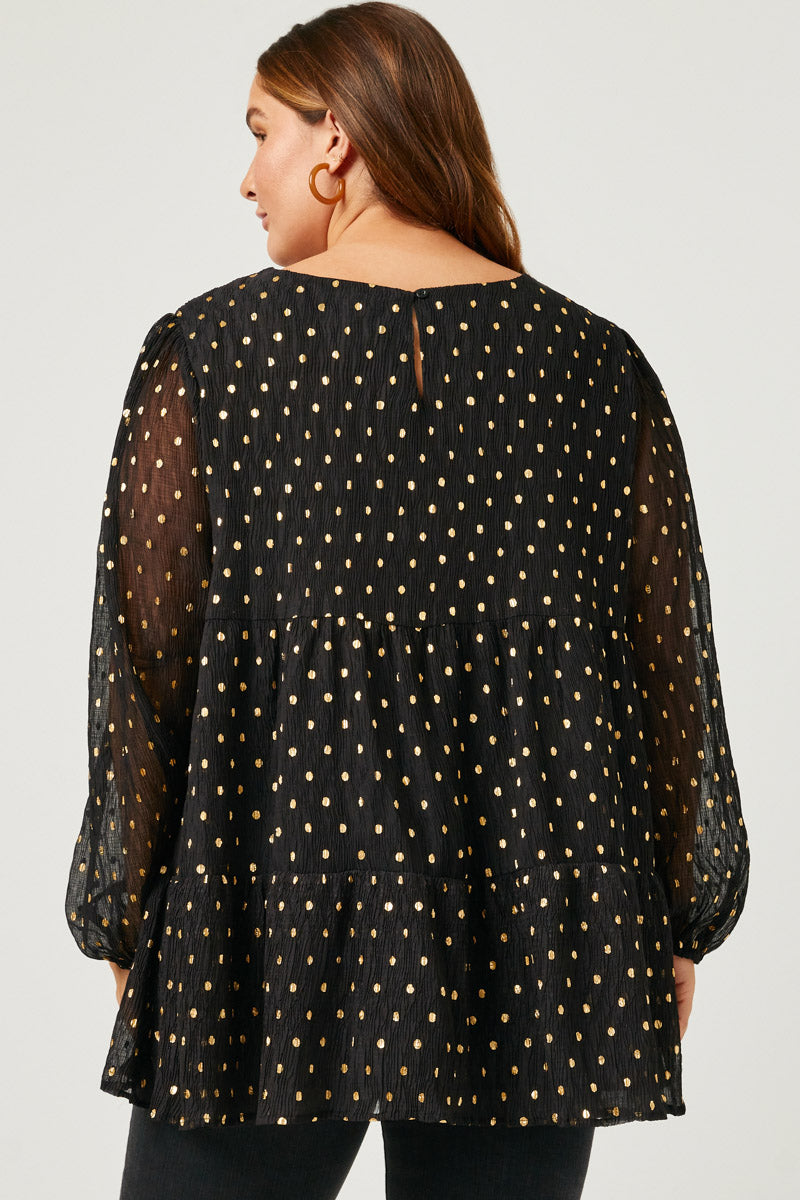 Goldie Black Babydoll Metallic Dot Tiered Tunic Top Plus 1XL-3XL