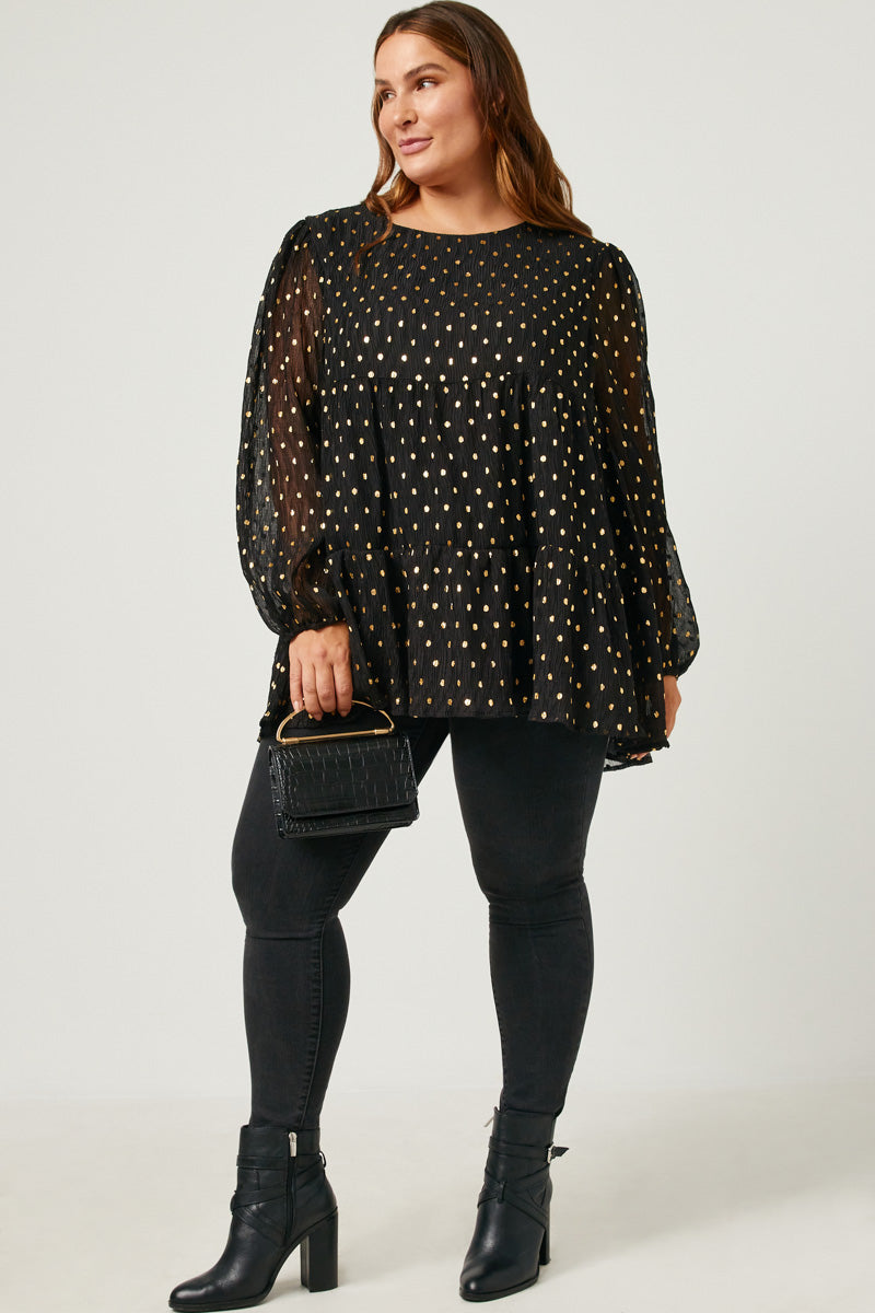 Goldie Black Babydoll Metallic Dot Tiered Tunic Top Plus 1XL-3XL