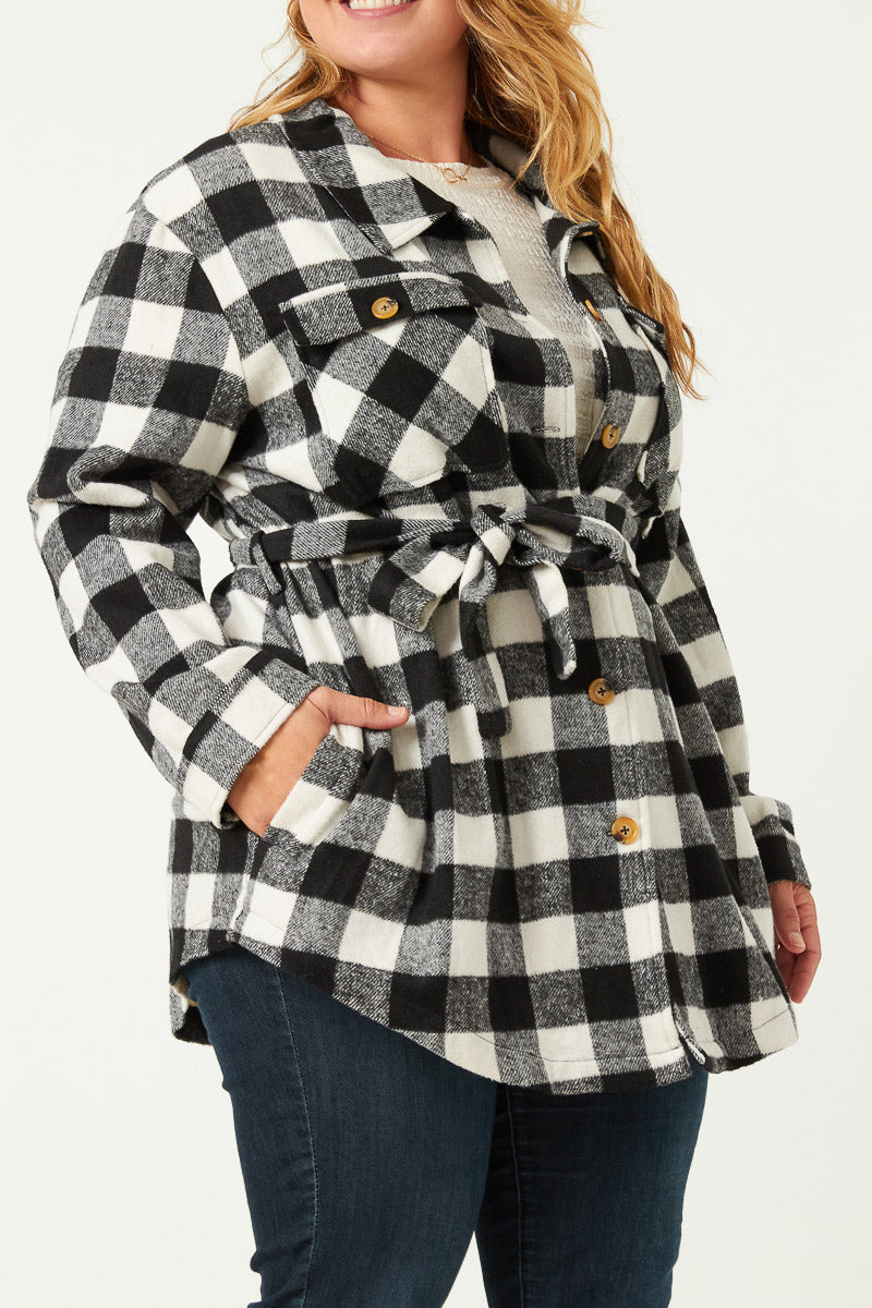 Maylee Plus Black Check Belted Long Shacket 1X-3X