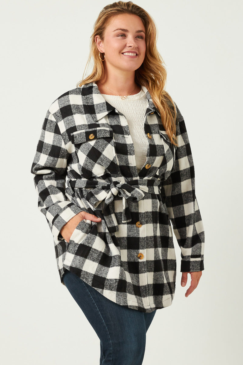 Maylee Plus Black Check Belted Long Shacket 1X-3X
