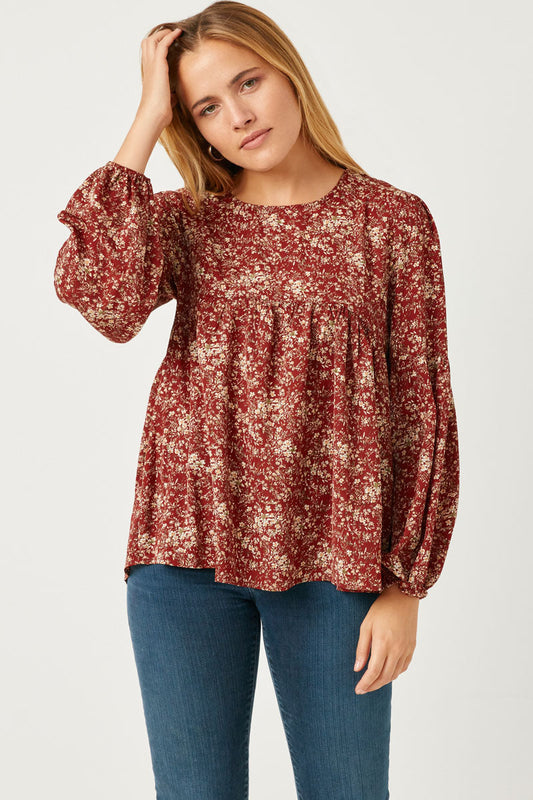 Kristie Misses Burgundy Floral Puff Sleeve Babydoll Top S-L