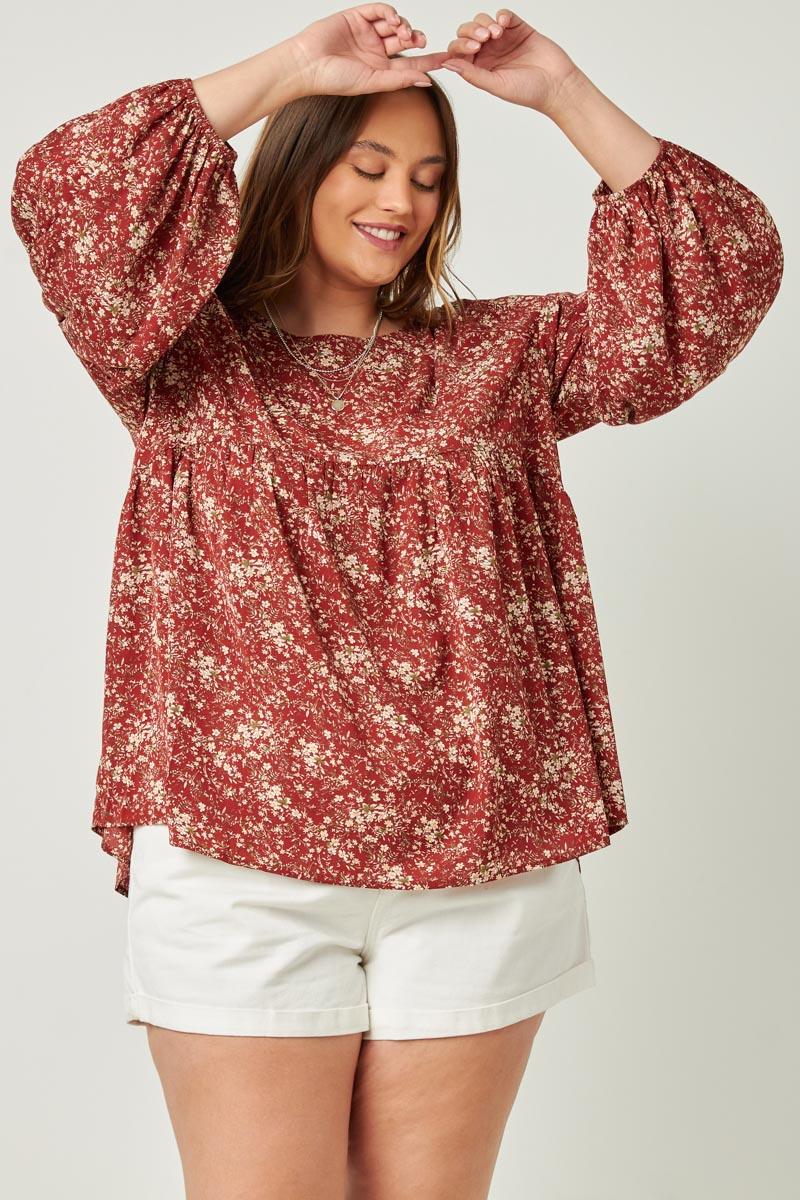 Kristie Plus Burgundy Floral Puff Sleeve Babydoll Top 1XL-3XL