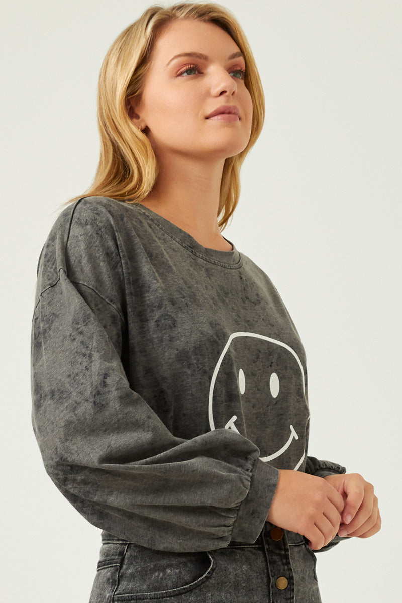 Sunni Misses Smiley Face Black Wash Shirt S-L