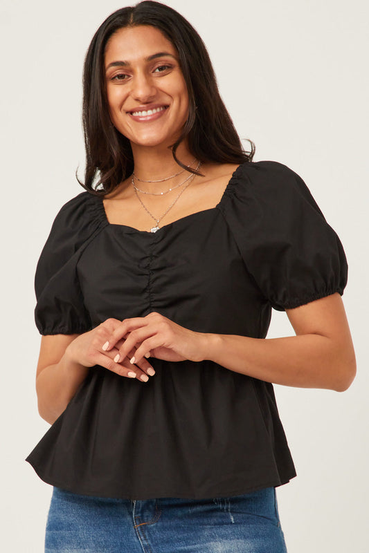 Destiny Misses Black Shirred Puff Sleeve Sweetheart Top S-L