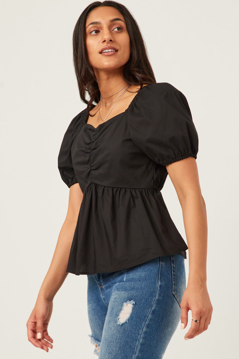 Destiny Misses Black Shirred Puff Sleeve Sweetheart Top S-L