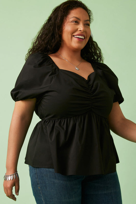 Destiny Plus Black Shirred Puff Sleeve Sweetheart Top 1XL-3XL