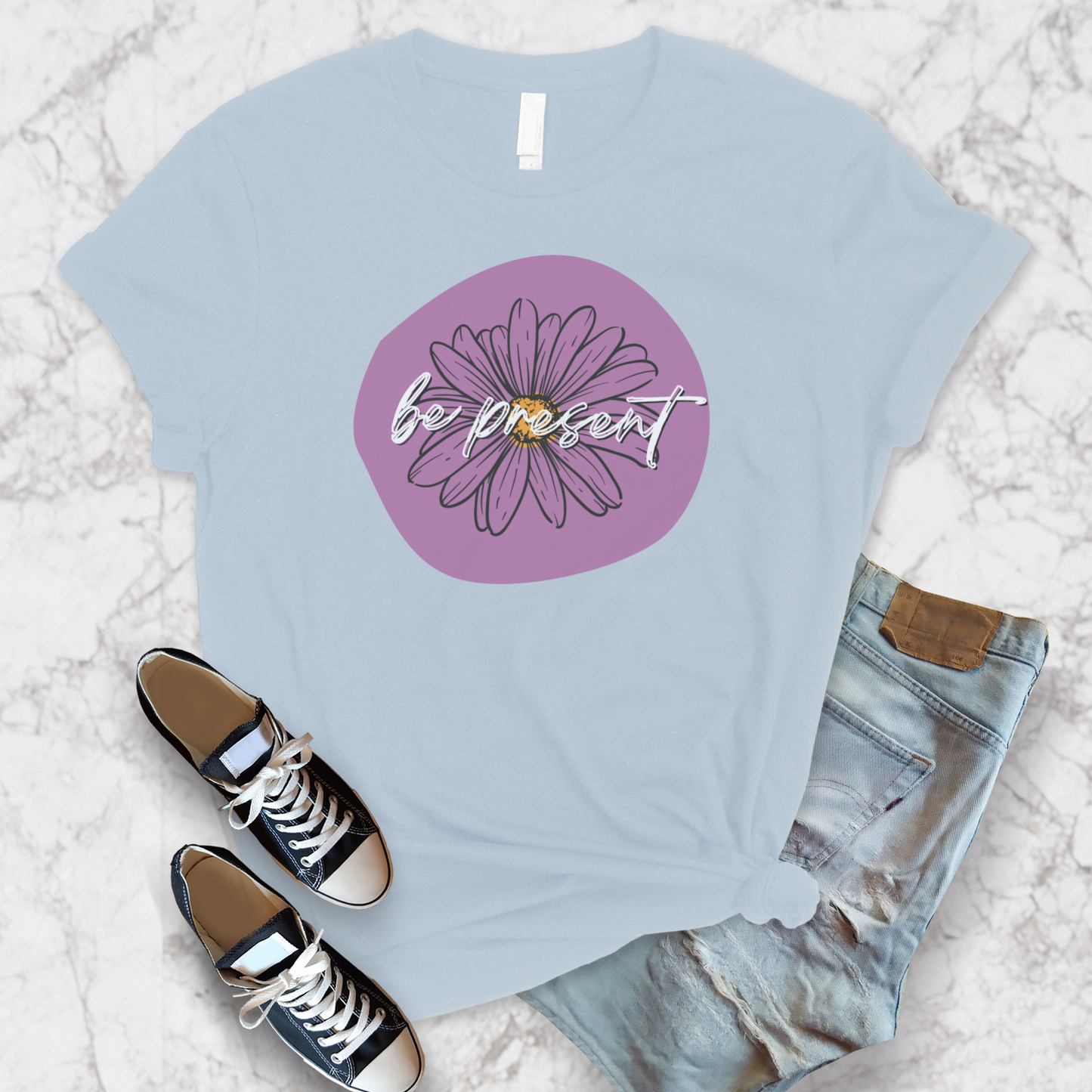 Be Present Purple Daisy Floral Positive Message Happy Thoughts Unisex Jersey Short Sleeve Tee Small-3XL