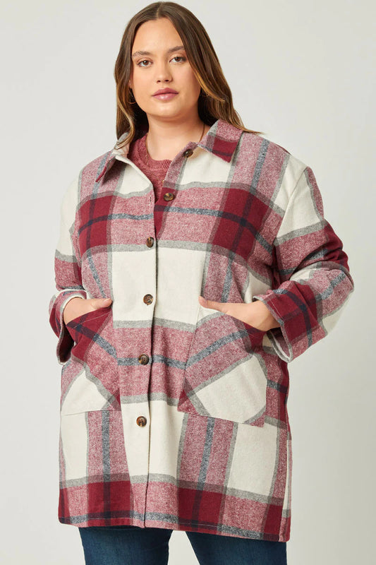 Mandy Plus Burgundy Plaid Shacket with Front Pockets 1X-3X