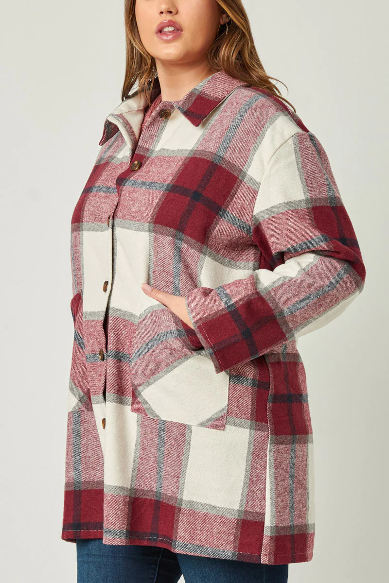 Mandy Plus Burgundy Plaid Shacket with Front Pockets 1X-3X