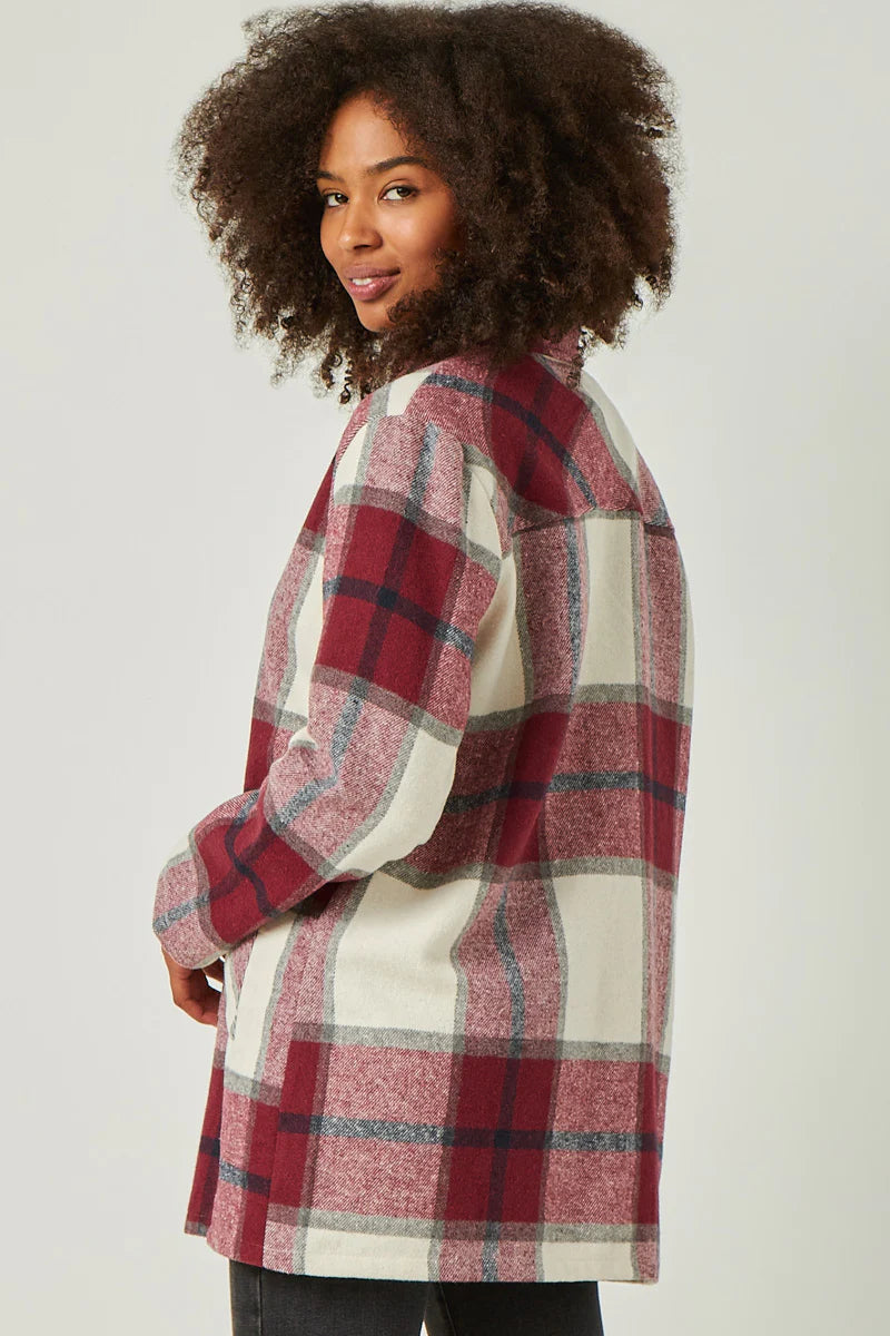 Mandy Misses Burgundy Plaid Shacket with Front Pockets S-L