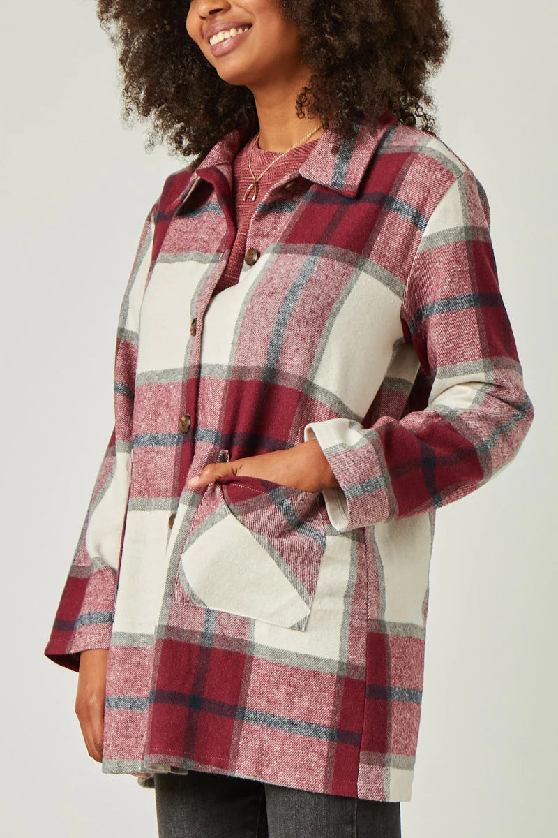 Mandy Misses Burgundy Plaid Shacket with Front Pockets S-L