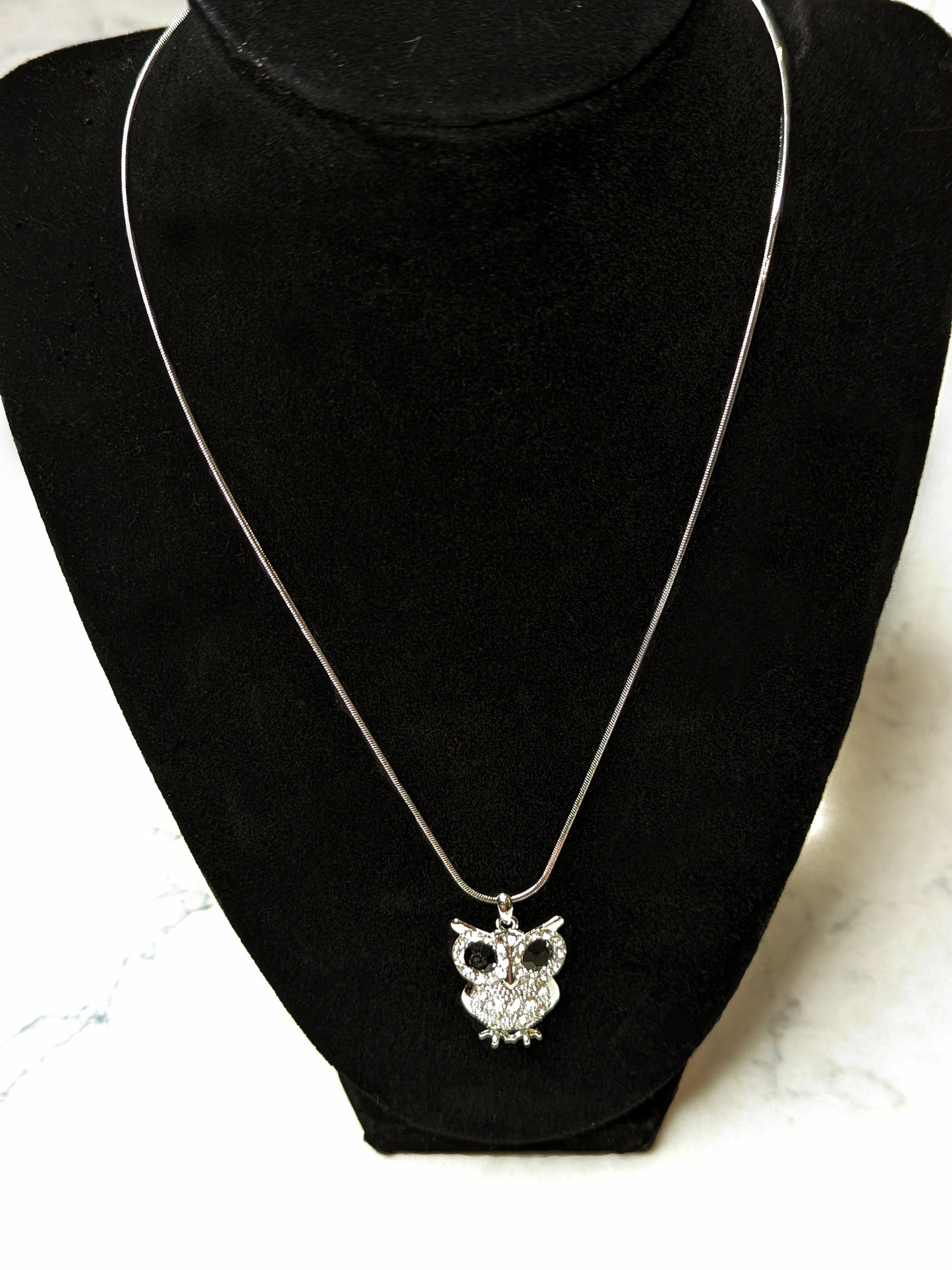 Large Owl Necklace White Gold Plated Pendant with Crystals