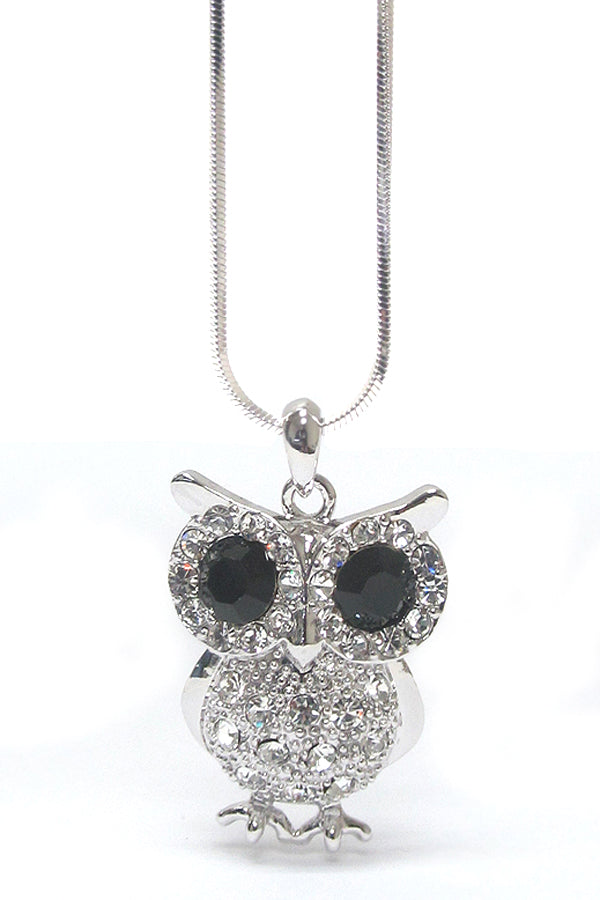 Large Owl Necklace White Gold Plated Pendant with Crystals