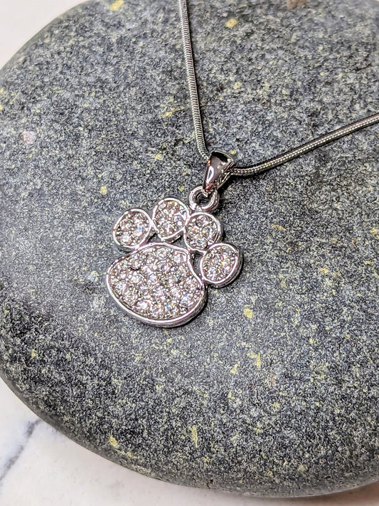 Paw Print Necklace White Gold Plated Pendant with Crystals