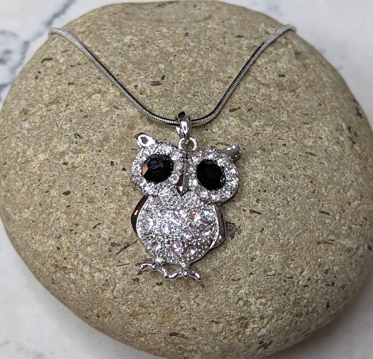 Large Owl Necklace White Gold Plated Pendant with Crystals