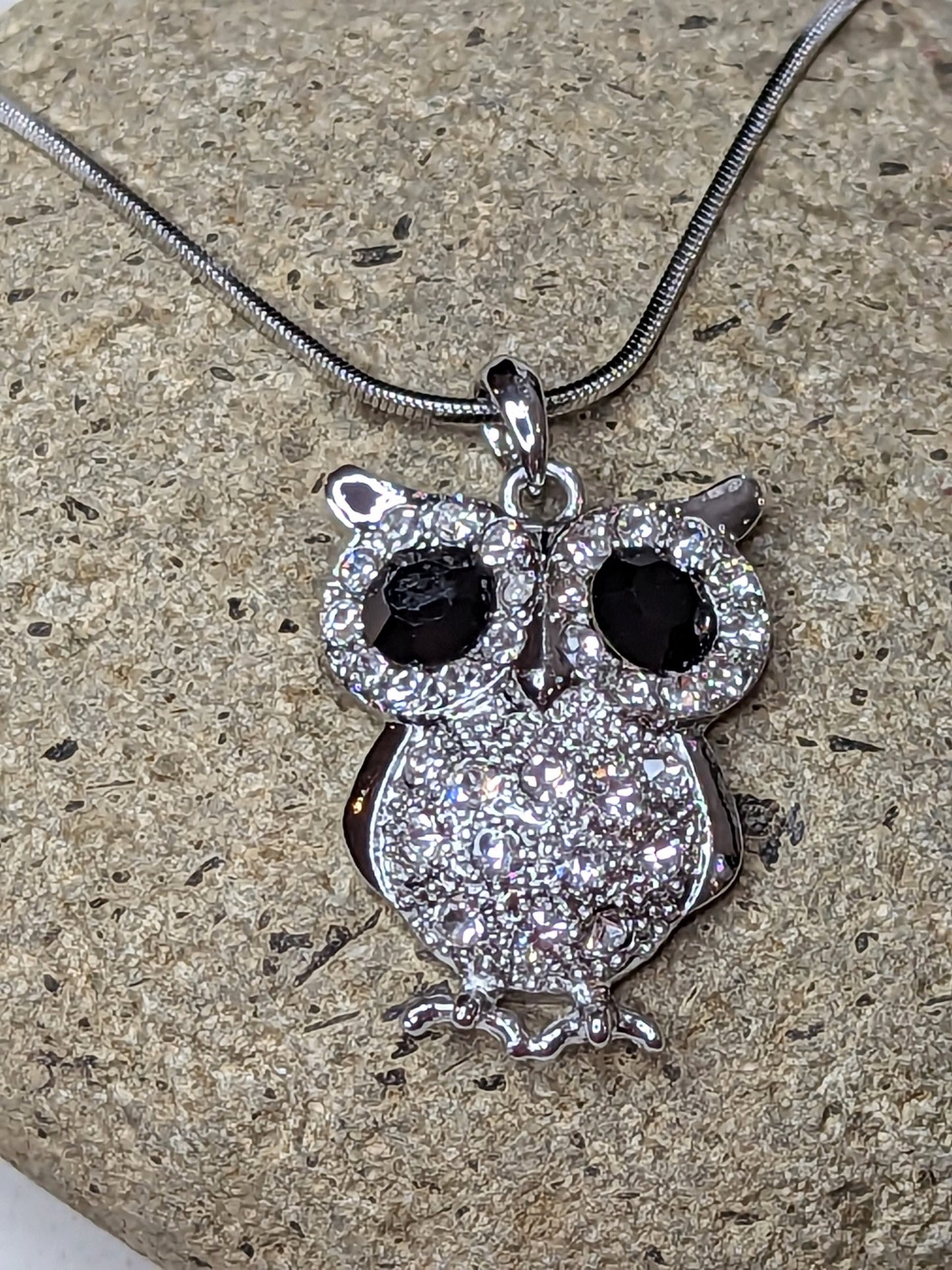 Large Owl Necklace White Gold Plated Pendant with Crystals
