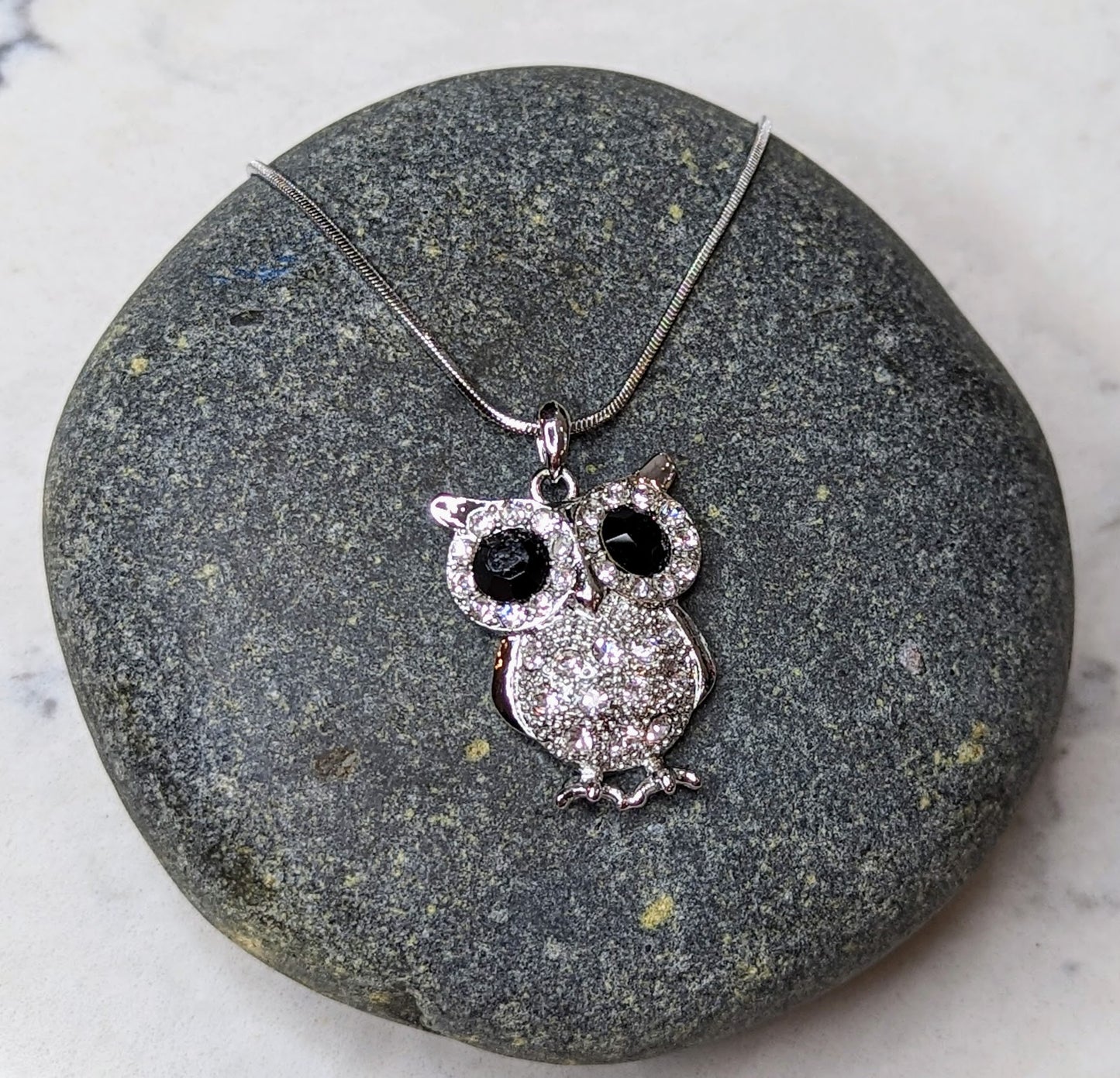 Large Owl Necklace White Gold Plated Pendant with Crystals