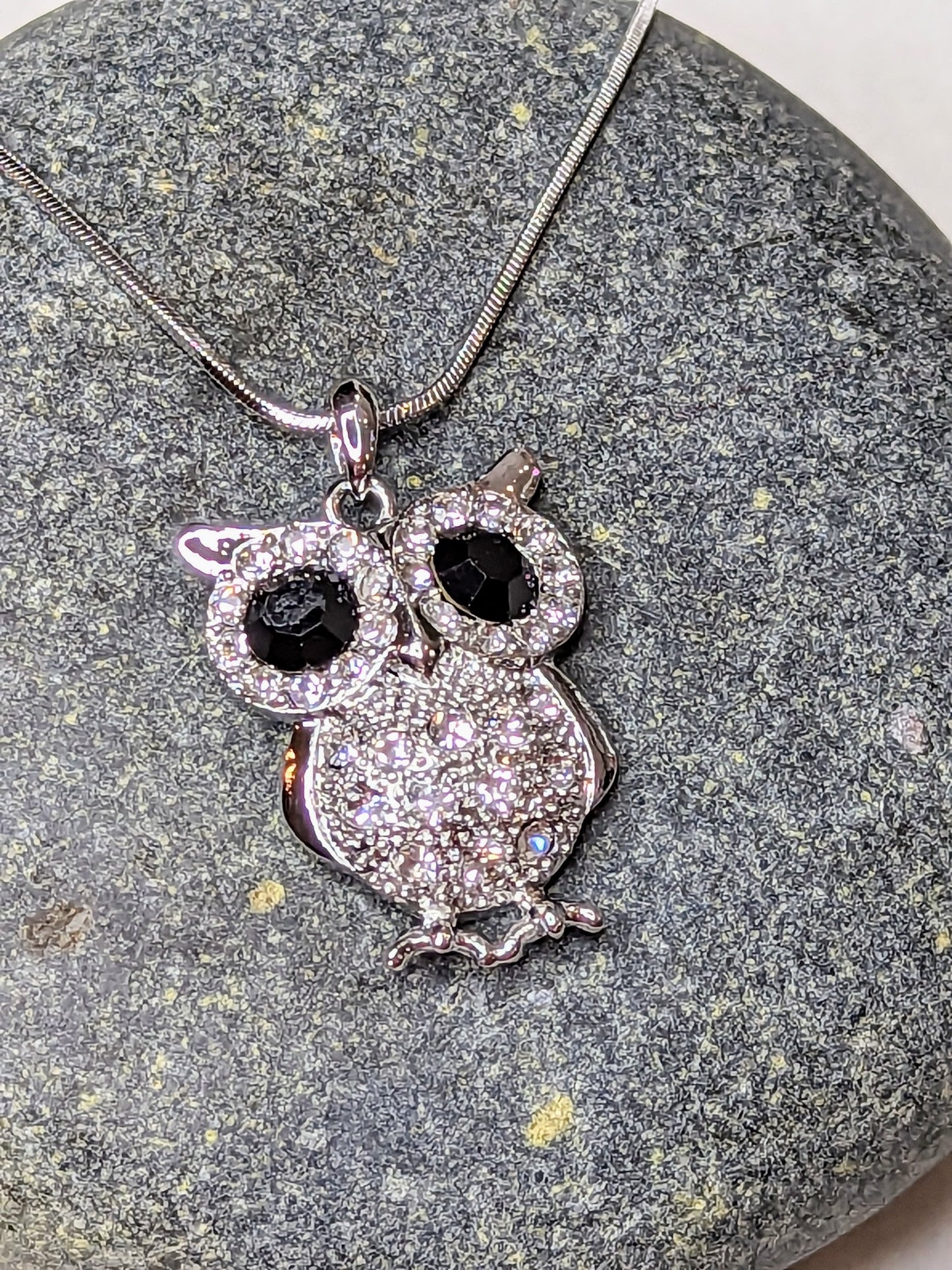 Large Owl Necklace White Gold Plated Pendant with Crystals