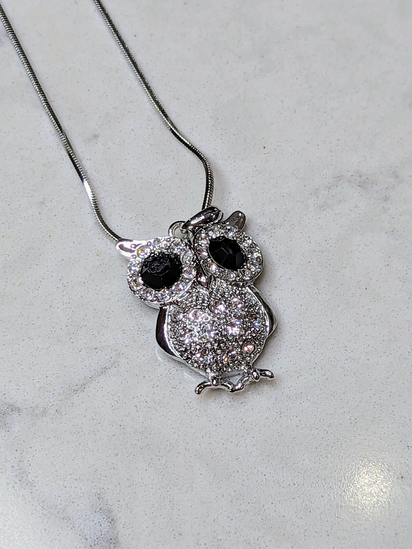 Large Owl Necklace White Gold Plated Pendant with Crystals