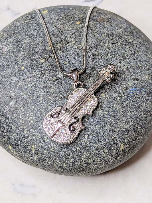 Violin Strings Necklace White Gold Plated Pendant with Crystals