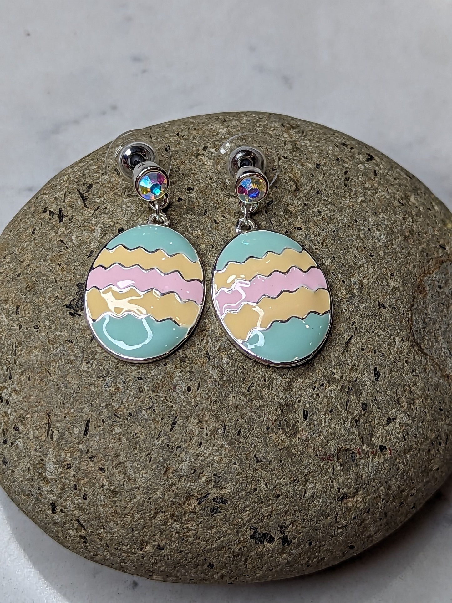 Easter Egg Pastel Stripe Chevron Decorated Egg Drop Earrings with Crystals