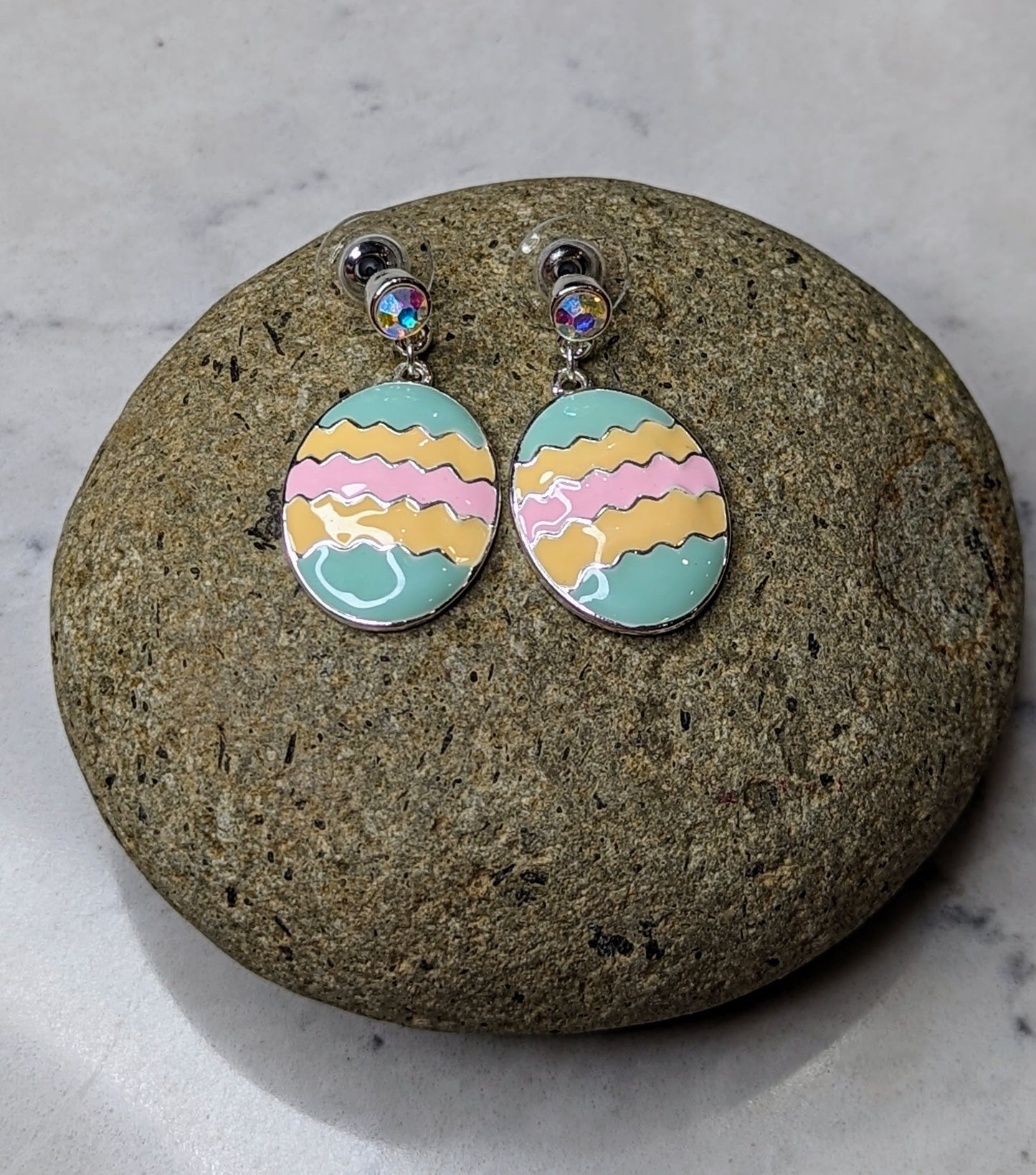 Easter Egg Pastel Stripe Chevron Decorated Egg Drop Earrings with Crystals