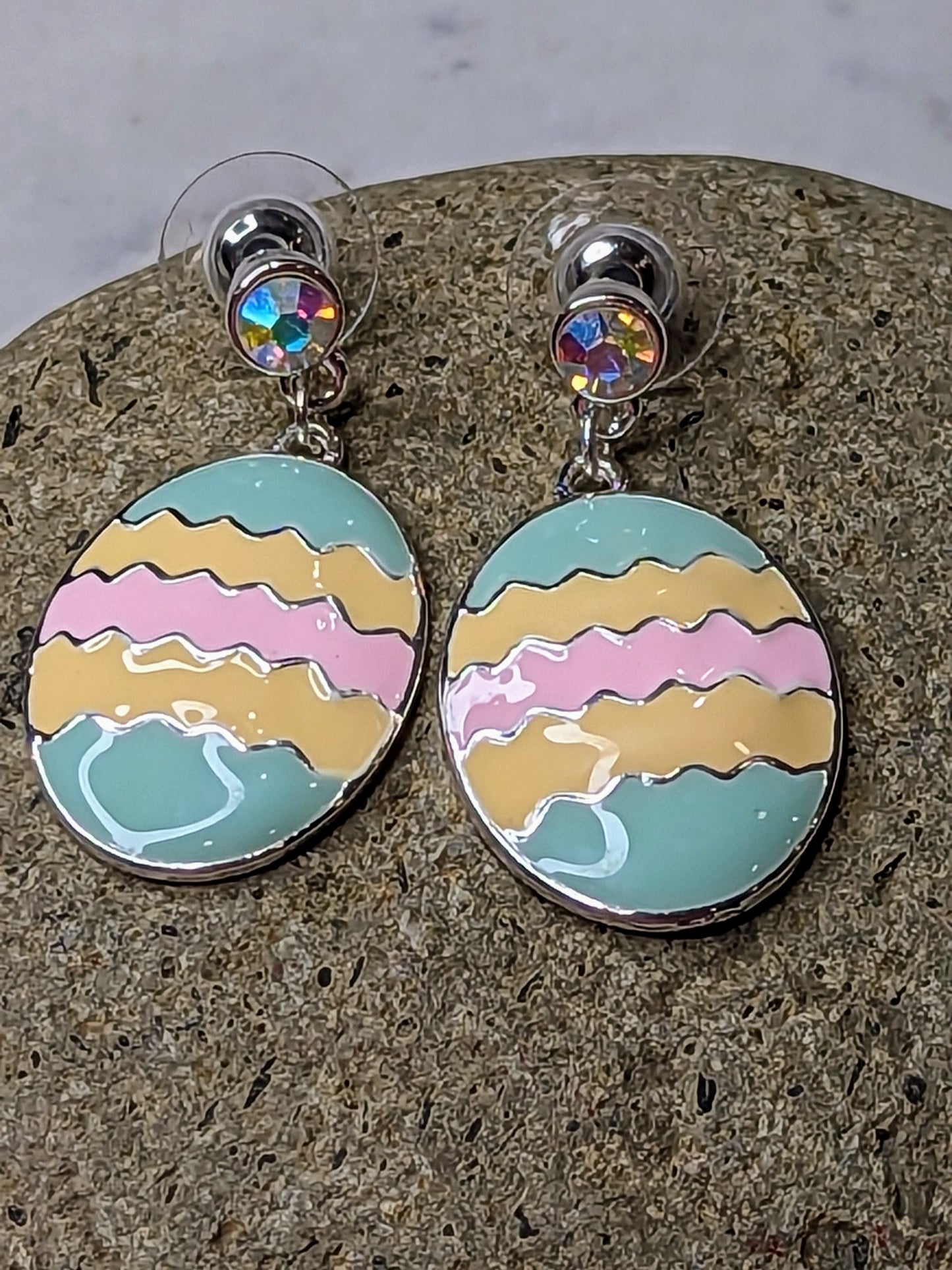 Easter Egg Pastel Stripe Chevron Decorated Egg Drop Earrings with Crystals