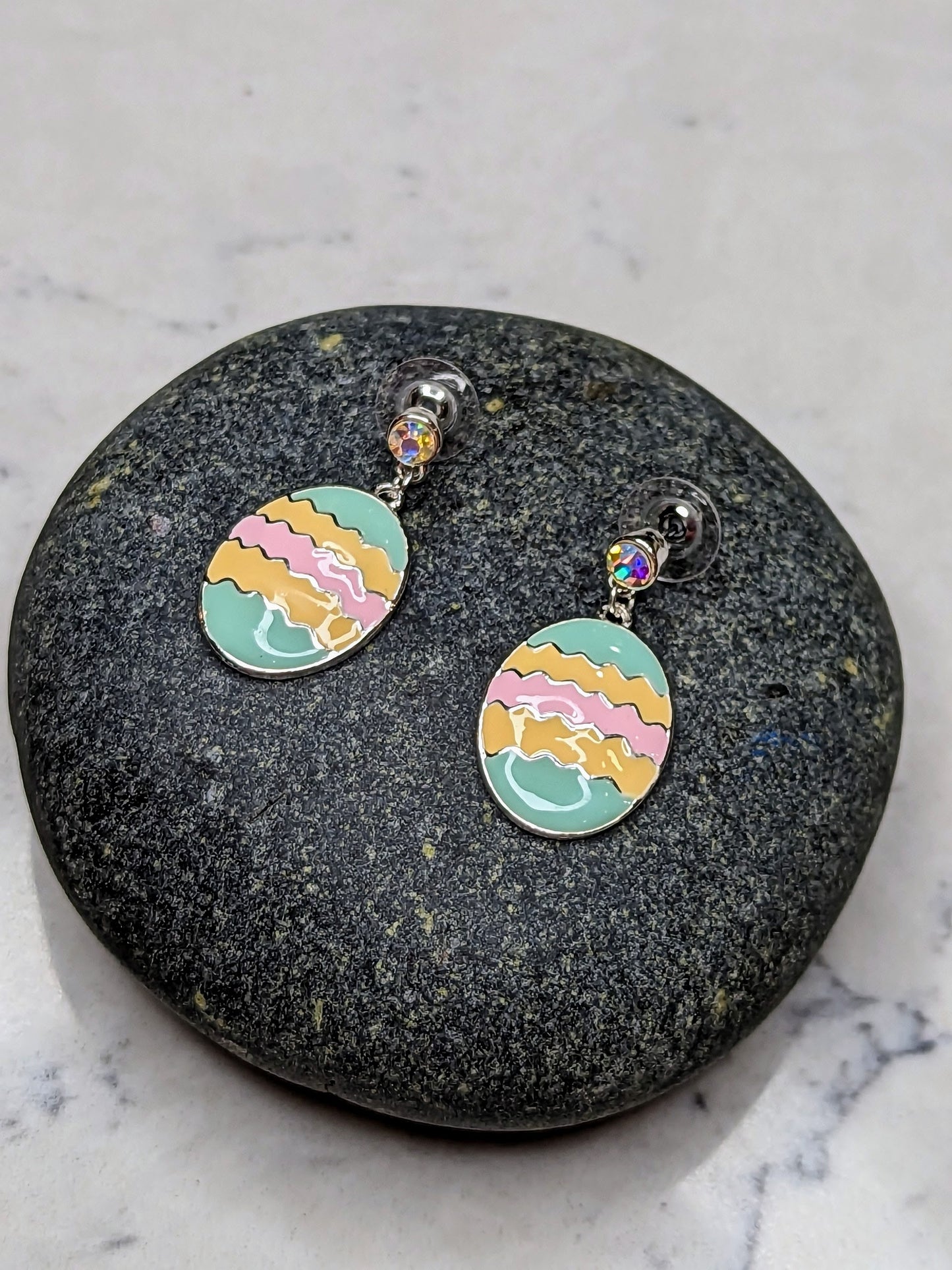 Easter Egg Pastel Stripe Chevron Decorated Egg Drop Earrings with Crystals