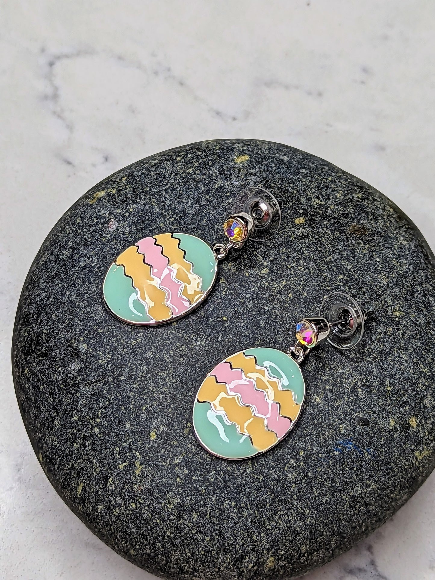 Easter Egg Pastel Stripe Chevron Decorated Egg Drop Earrings with Crystals