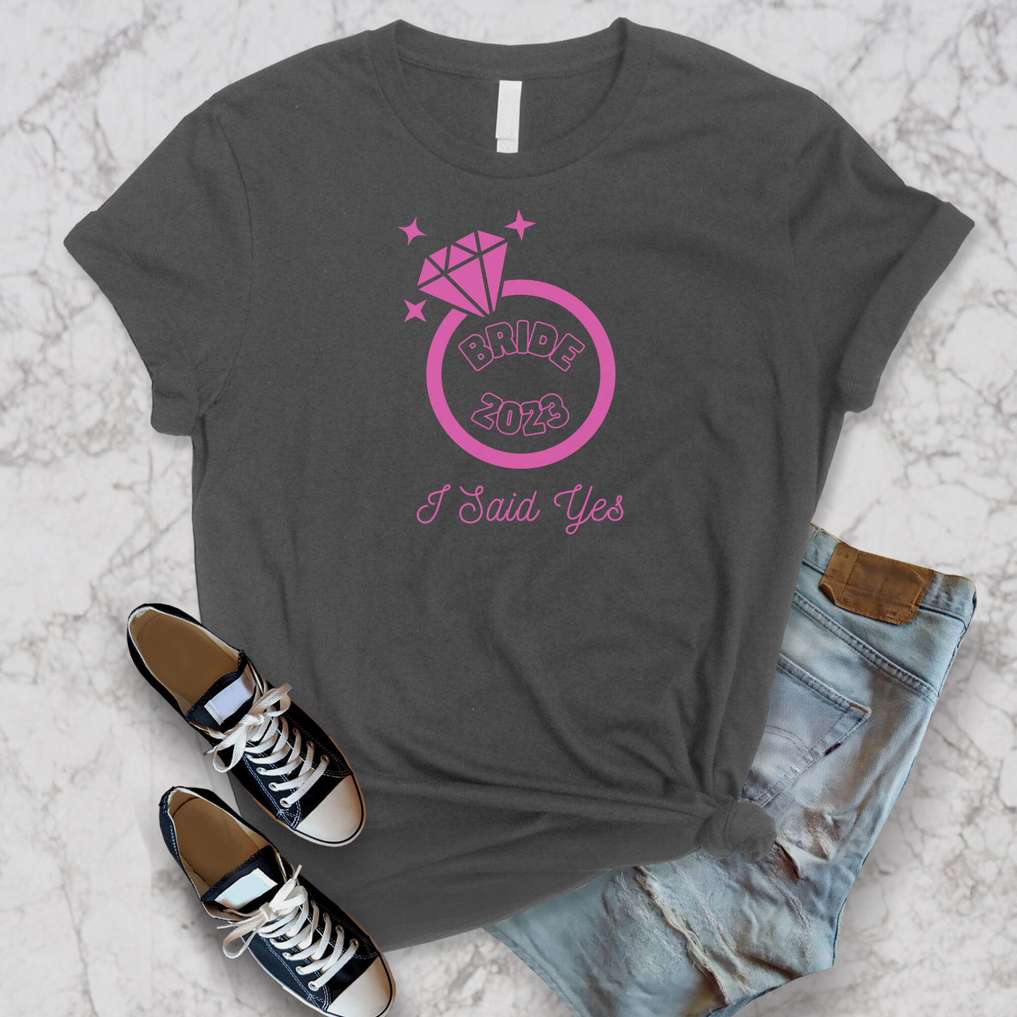 I Said Yes Bride 2024 Engagement Pink Diamond Ring Unisex Jersey Short Sleeve Tee Small-3XL