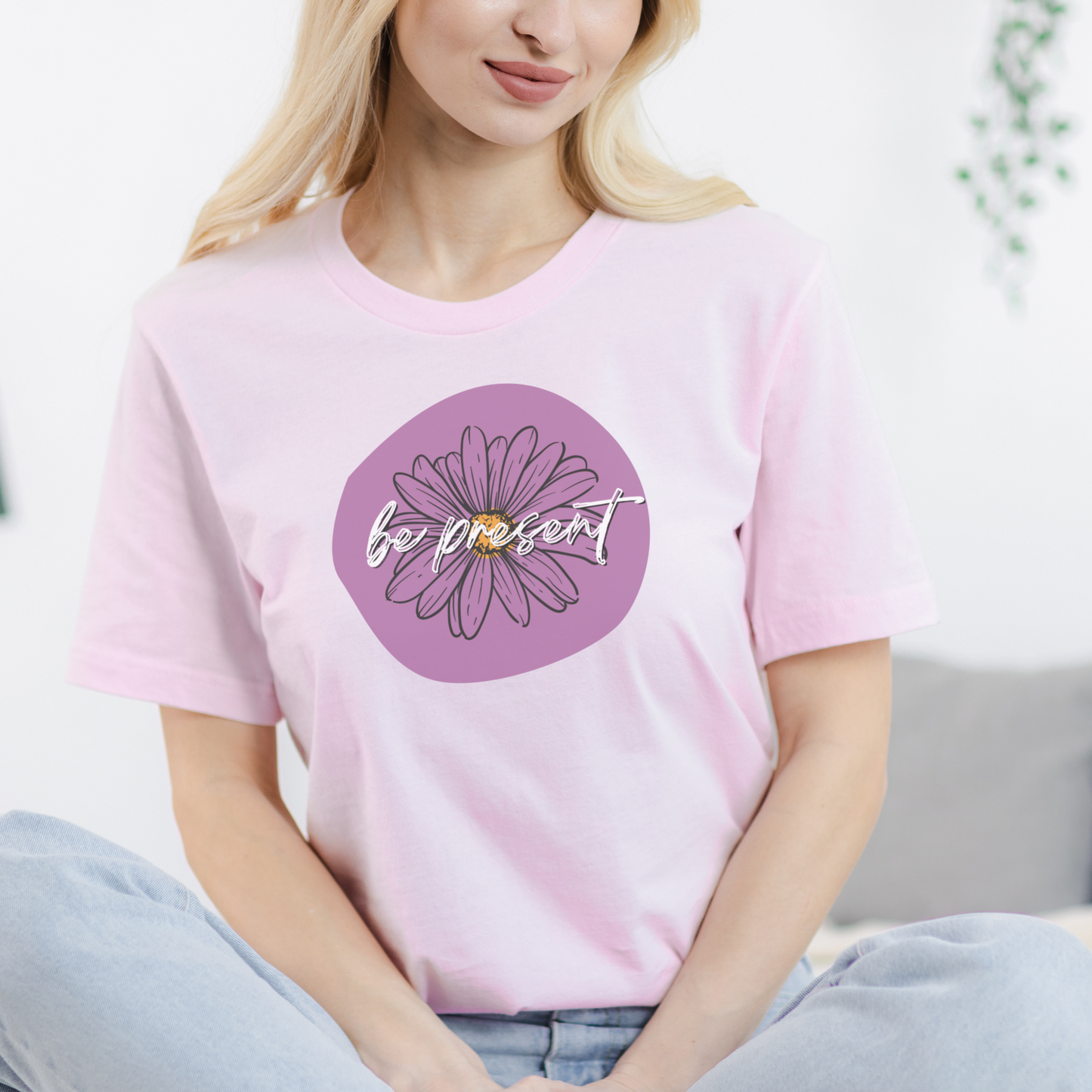 Be Present Purple Daisy Floral Positive Message Happy Thoughts Unisex Jersey Short Sleeve Tee Small-3XL