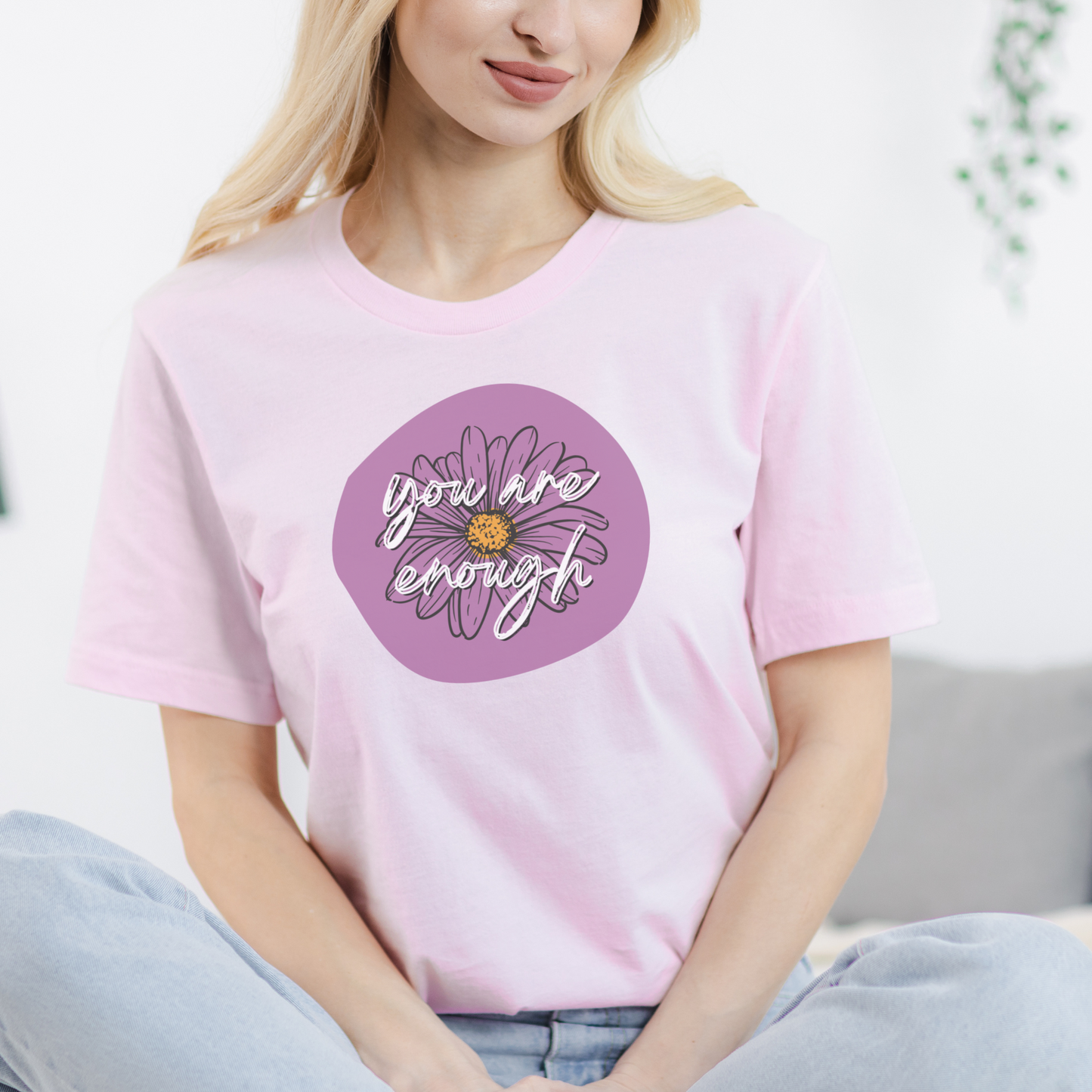 You Are Enough Purple Daisy Floral Positive Message Unisex Jersey Short Sleeve Tee Small-3XL