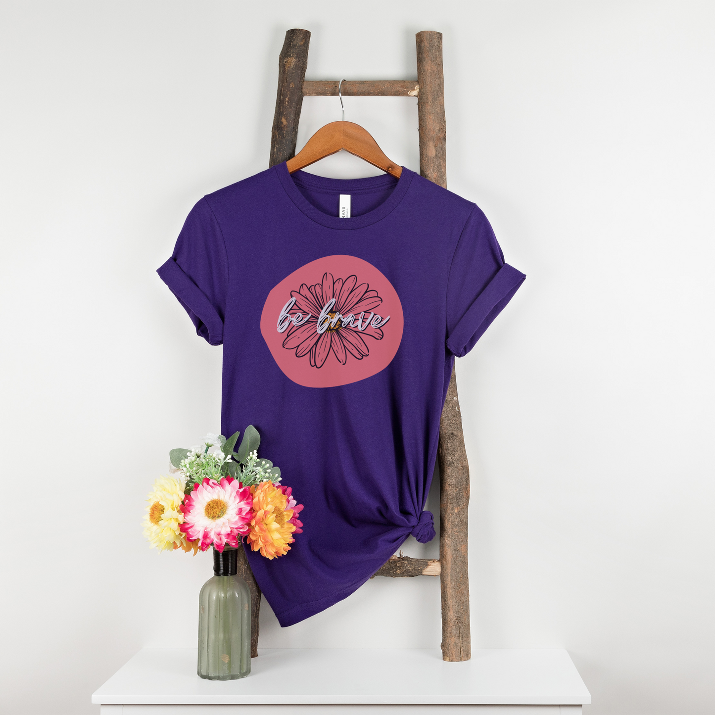 Be Brave Coral Daisy Floral Positive Message Unisex Jersey Short Sleeve Tee Small-3XL