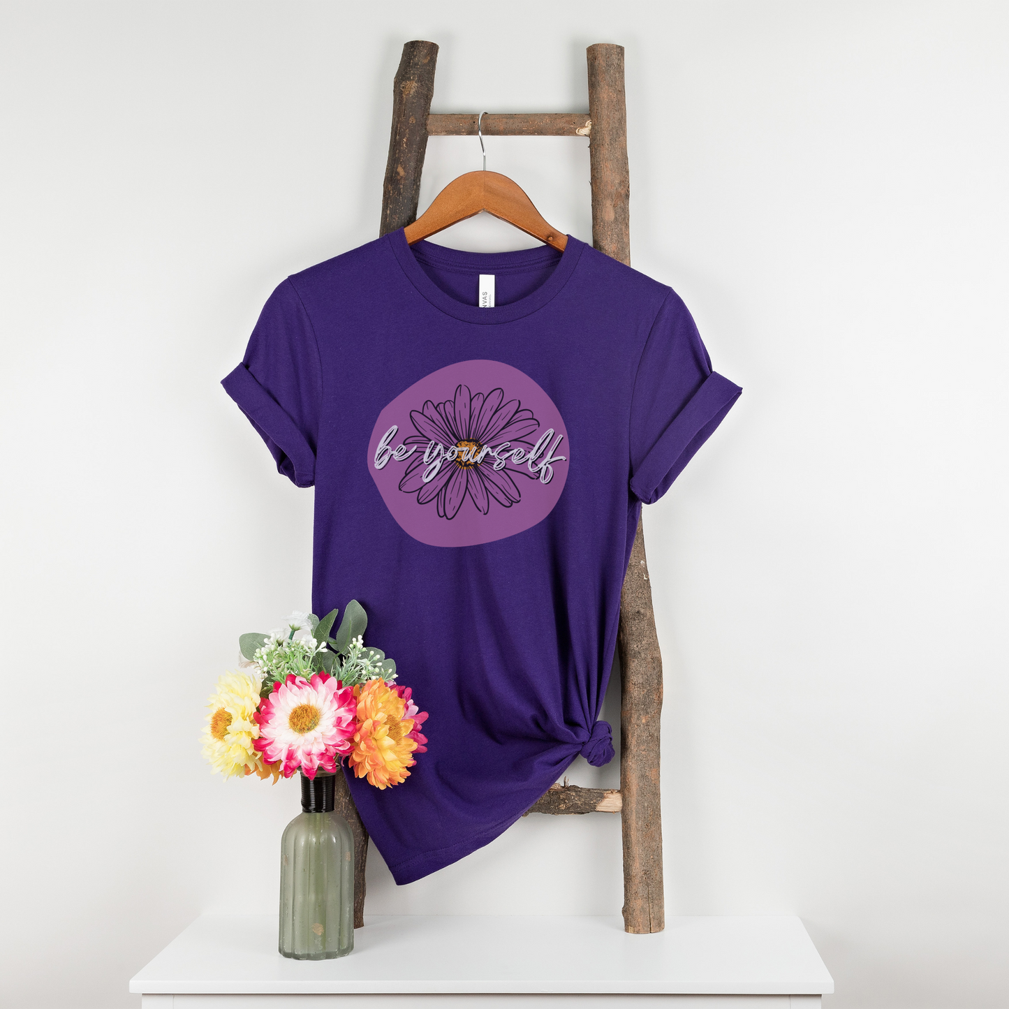 Be Yourself Purple Daisy Floral Positive Message Unisex Jersey Short Sleeve Tee Small-3XL