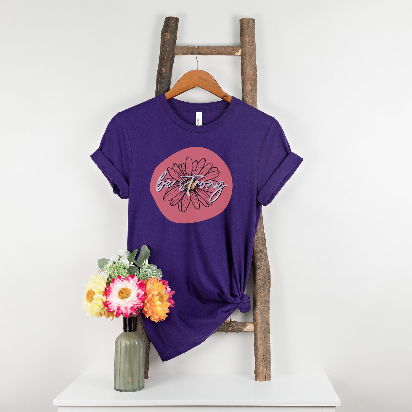 Be Strong Coral Daisy Floral Positive Message Happy Thoughts Unisex Jersey Short Sleeve Tee Small-3XL