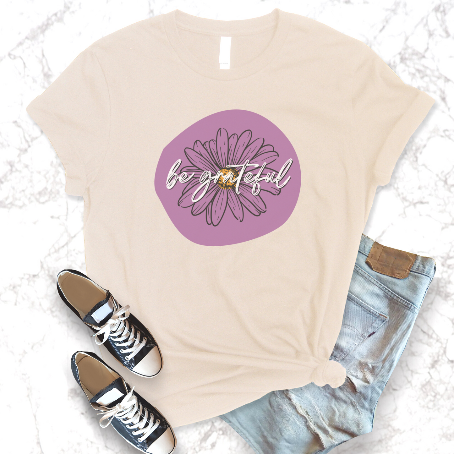 Be Grateful Purple Daisy Floral Positive Message Unisex Jersey Short Sleeve Tee Small-3XL