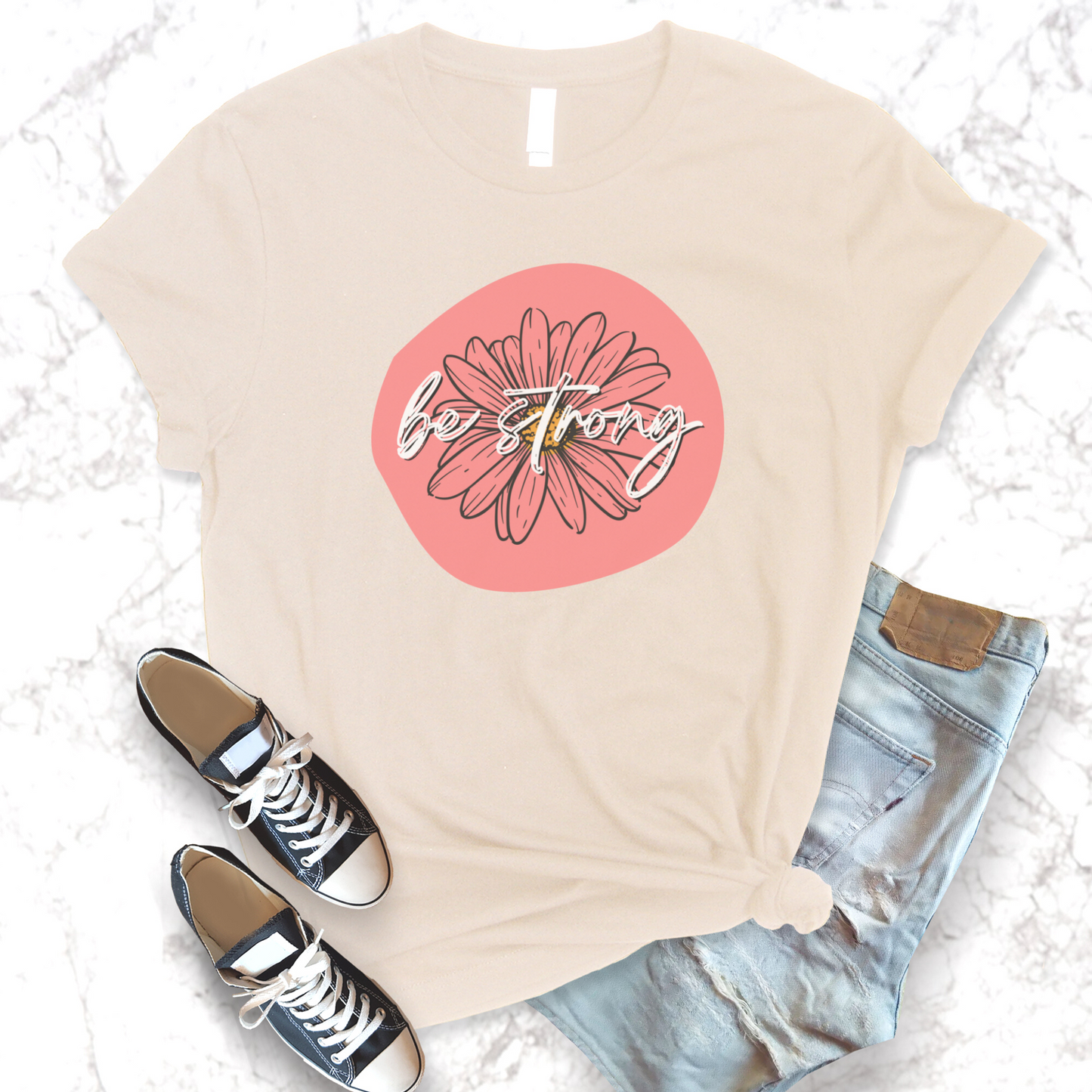 Be Strong Coral Daisy Floral Positive Message Happy Thoughts Unisex Jersey Short Sleeve Tee Small-3XL
