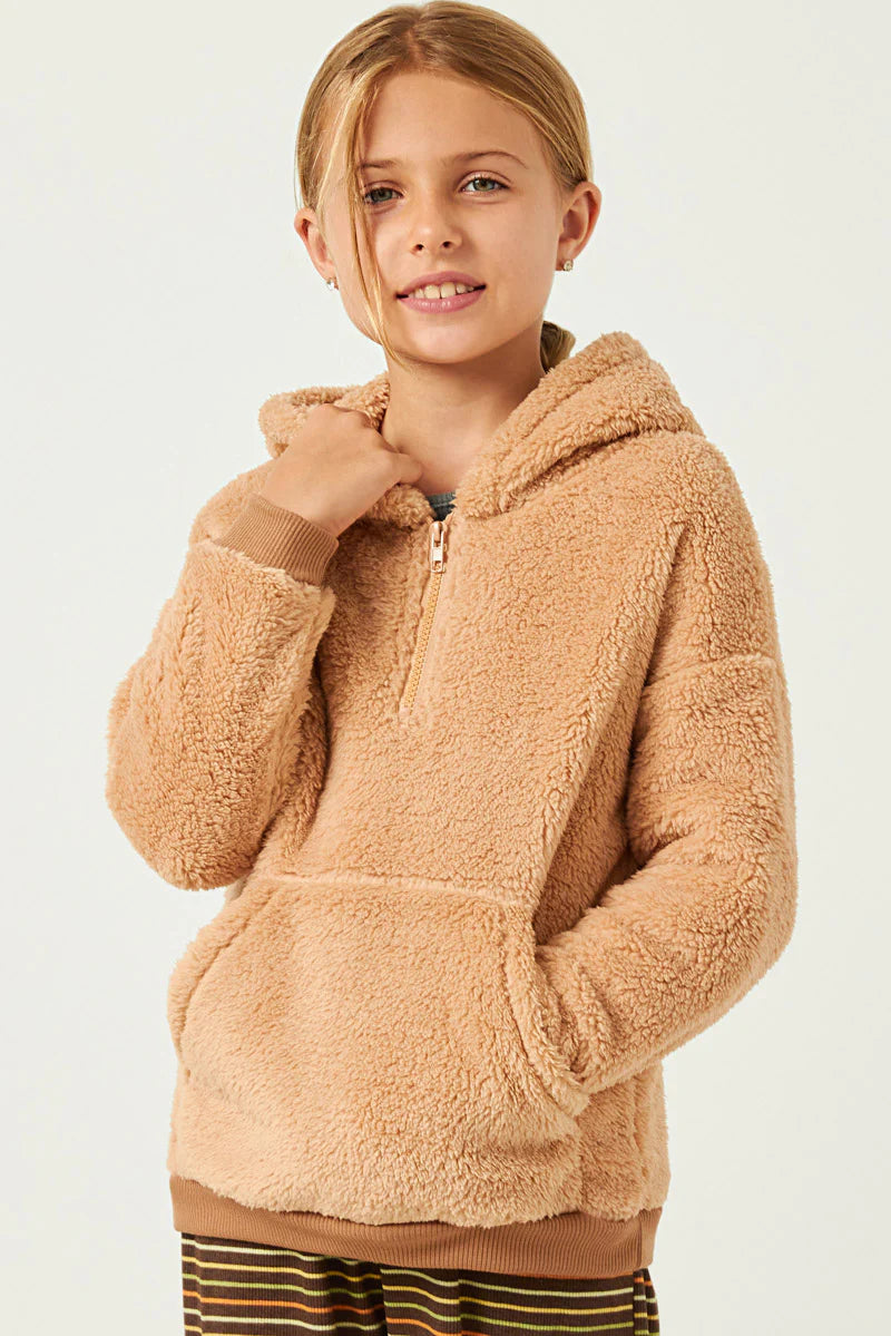 Teddi Fuzzy Tan Pullover Hooded Sweatshirt Jacket with Pockets S-XL