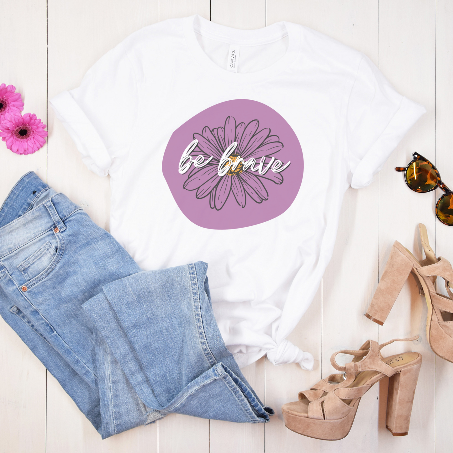 Be Brave Purple Daisy Floral Positive Message Unisex Jersey Short Sleeve Tee Small-3XL