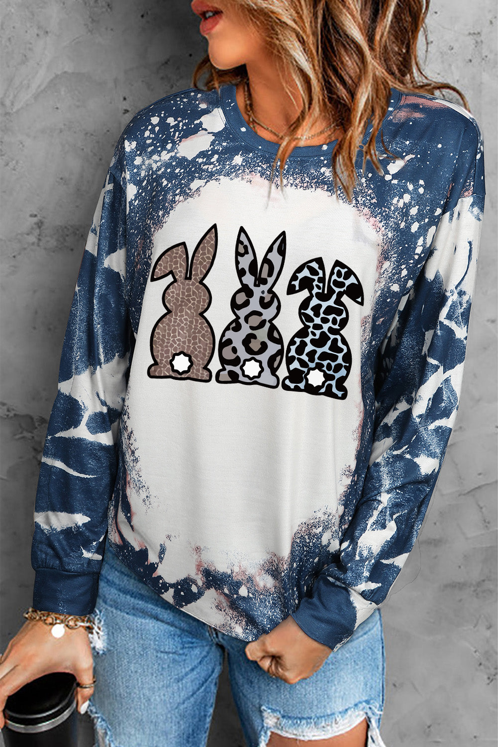 Easter Bunny Leopard Graphic Bleach Dye Long-Sleeve Top Small-2XL