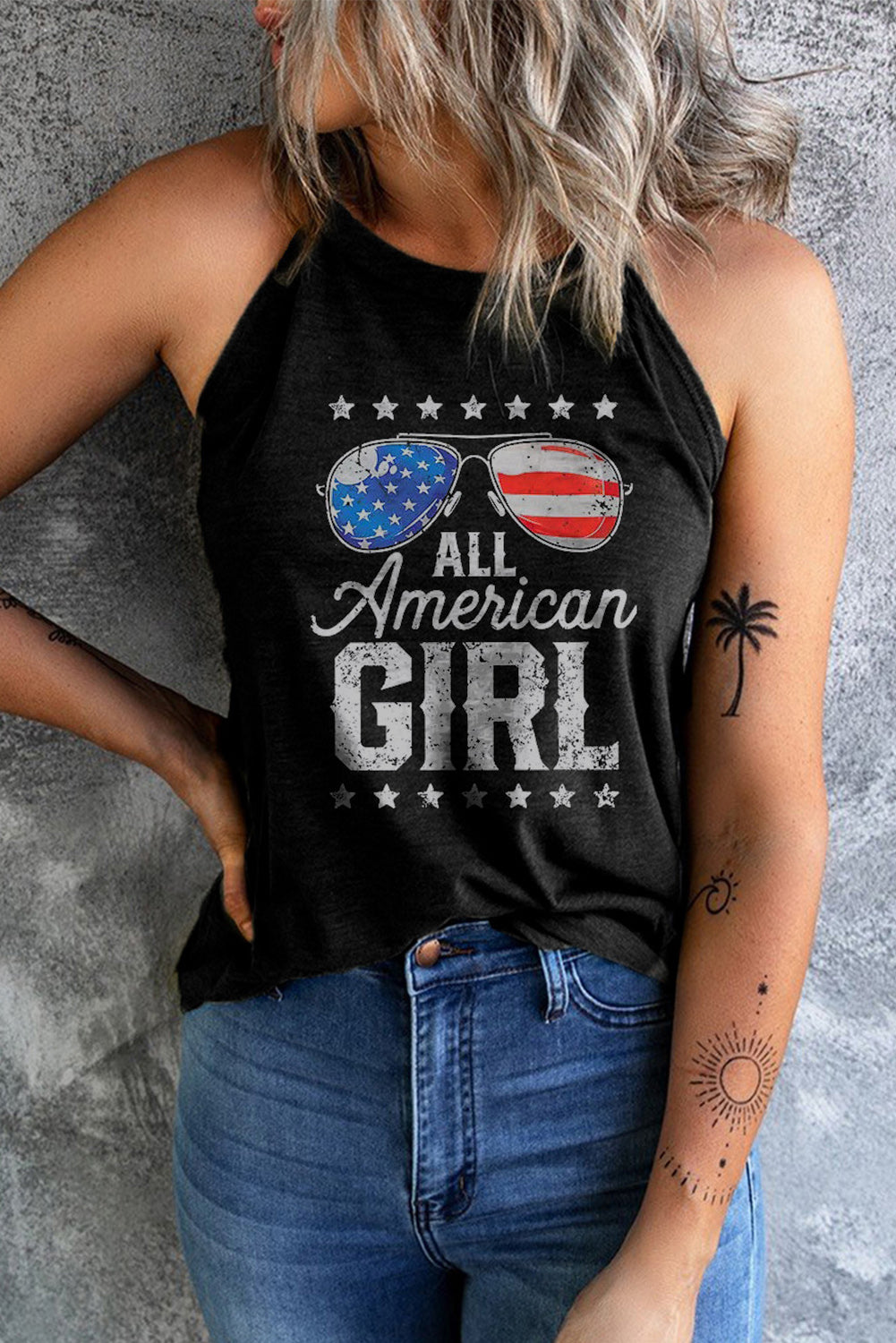 ALL AMERICAN GIRL Graphic Black Halter Tank Small-2XL