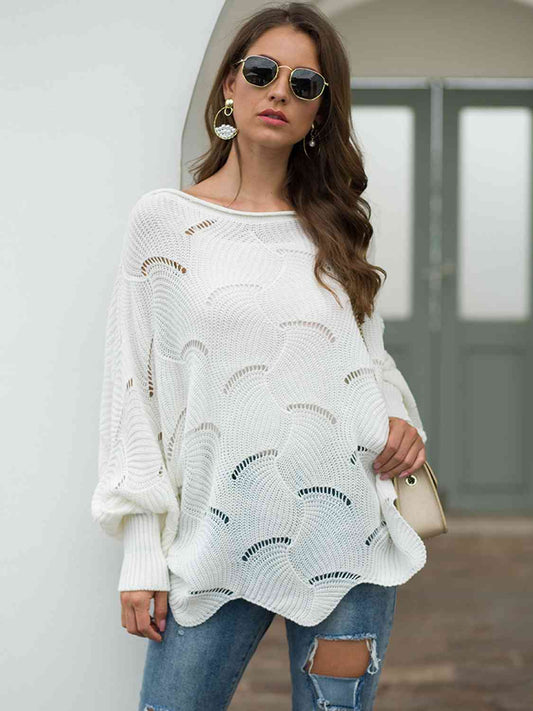 Trudy Boat Neck Lantern Sleeve Openwork Knit Top