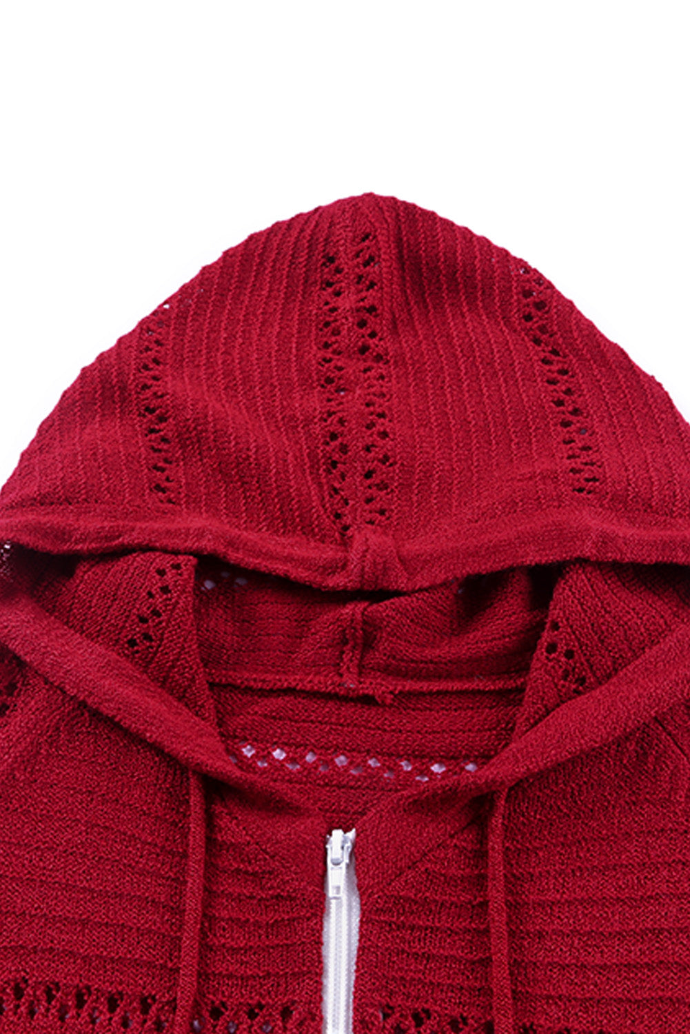 Zip-Up Raglan Sleeve Openwork Hooded Cardigan S-2XL