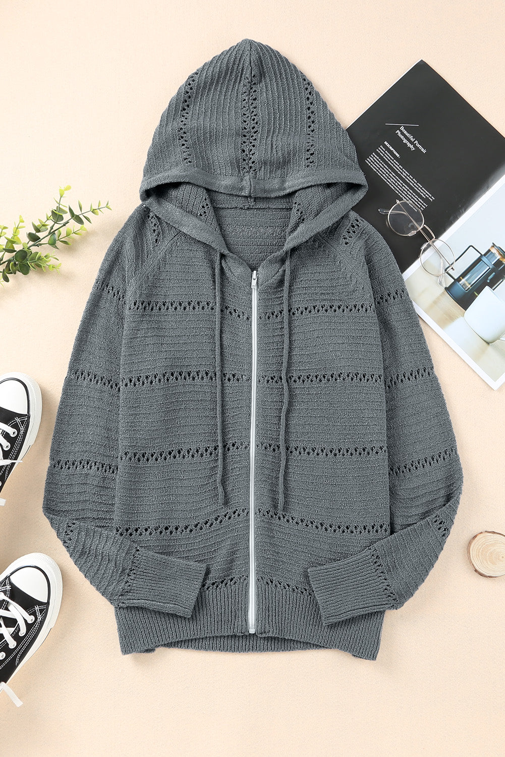 Zip-Up Raglan Sleeve Openwork Hooded Cardigan S-2XL